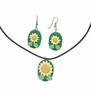 Handmade Yellow Sunflowers Fimo Polymer Clay Necklace Earrings Jewelry Set